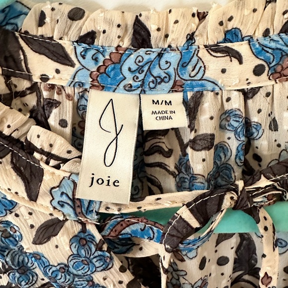 Joie -570 Smocked Banded Waist Floral Blouse Size M Blue & White Tie Ruffle Neck - Picture 3 of 3